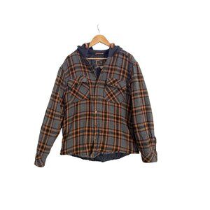 Legendary Outfitters Hooded Flannel Jacket Quilted Lined Plaid Gray Orange M